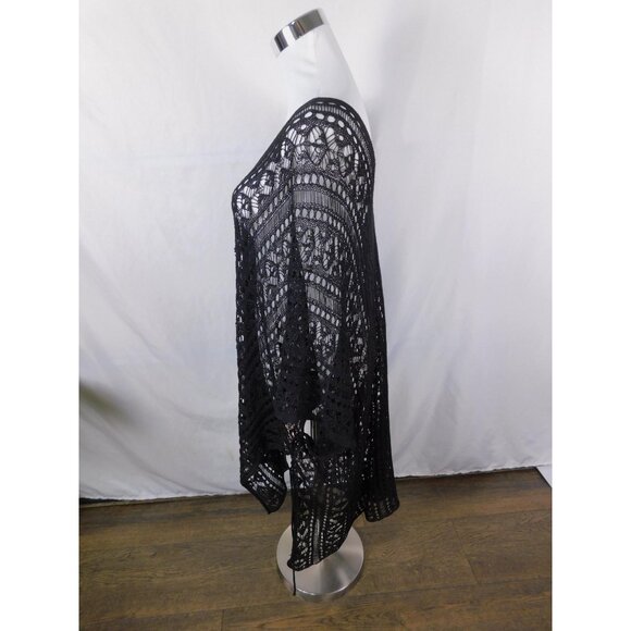 Crochet Poncho Womens One Size Black Boho Open Knit Tassel Hem Cover Up Beach - Picture 4 of 11